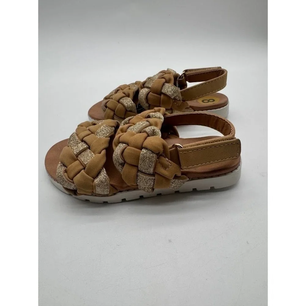 Tahari Girls Braided Sandals Size 8 Brown Gold Glitter Hook Loop Casual Shoes